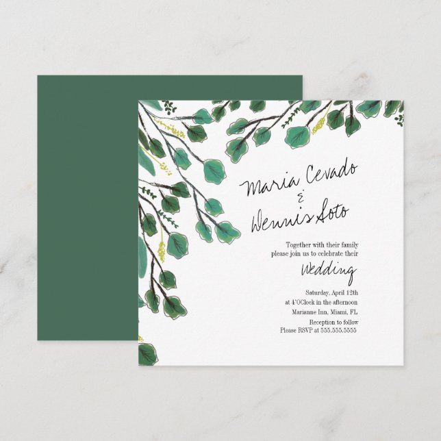 Invitation Mariage de style manuscrit à feuille d'eucalyptus  (Devant / Derrière)