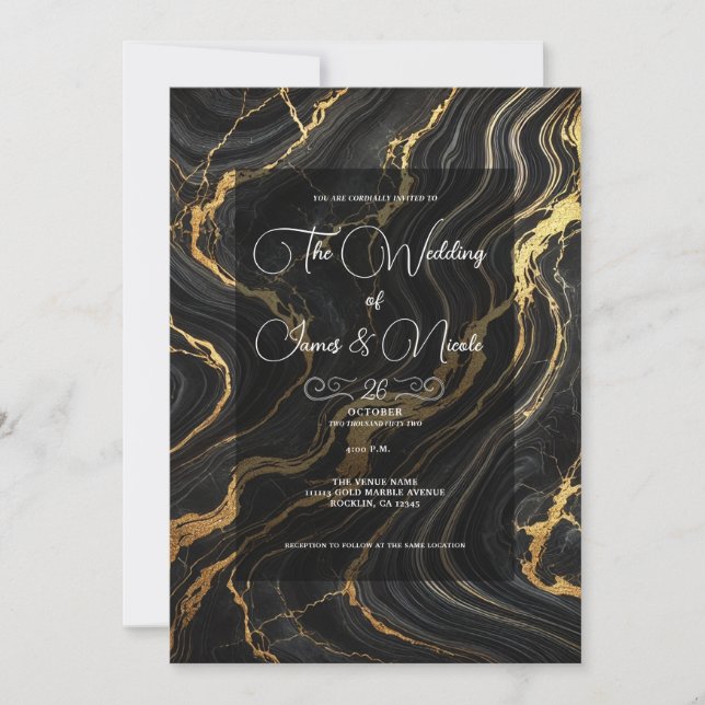 Invitation Mariage de style marbre noir or chic glamour (Devant)