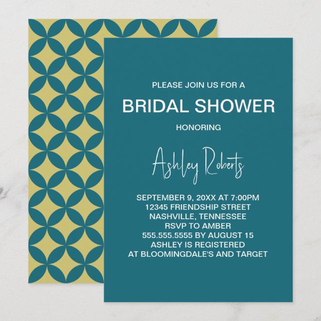 Invitation Mariage de style Mid-Century Modern or et sarcelle (Devant / Derrière)