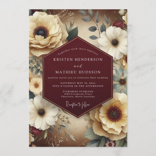 Invitation Mariage de style nature morte en bordeaux et sarce (Devant)