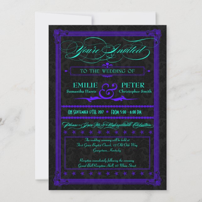 Invitation Mariage de style Poster Turquoise et violet électr (Devant)