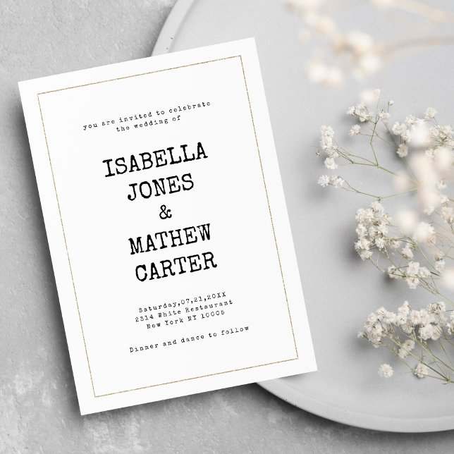 Invitation Mariage de style rustique police de machine à écri (White gold typewriter font rustic style wedding)