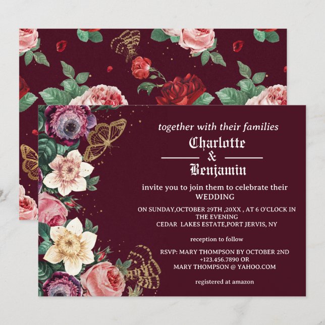 Invitation Mariage de style victorien avec des fleurs bordeau (Devant / Derrière)