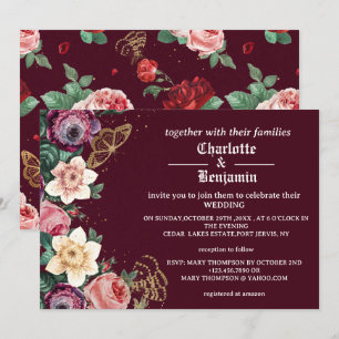 Invitation Mariage de style victorien avec des fleurs bordeau