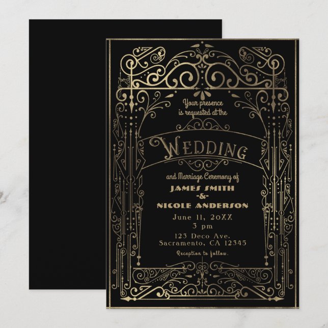 Invitation Mariage de style victorien doré et noir (Devant / Derrière)