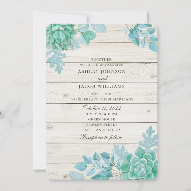 Invitation Mariage de succulente de grange en bois. Cactus de (Devant)