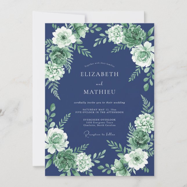 Invitation Mariage de Succulentes Bleu Marine Immaculé (Devant)