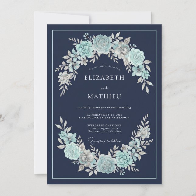 Invitation Mariage de Succulentes Bleu Nuit Luxuriantes (Devant)