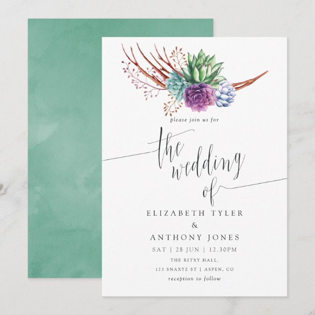 Invitation Mariage de succulentes de désert à l'aquarelle (Devant / Derrière)
