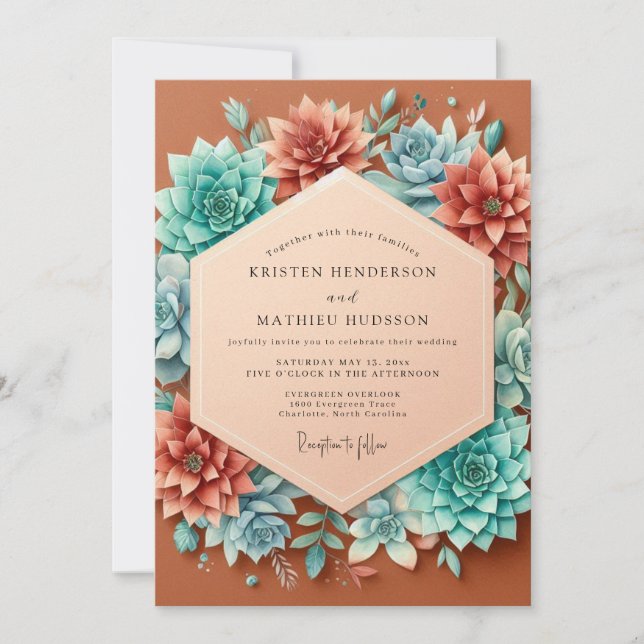 Invitation Mariage de Succulentes Terracotta et Sarcelle (Devant)