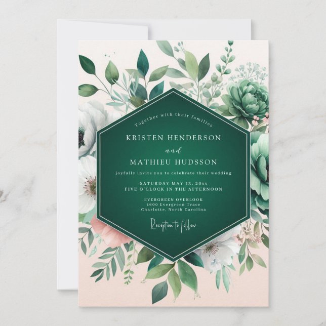 Invitation Mariage de Succulentes Vert Émeraude Flourissantes (Devant)