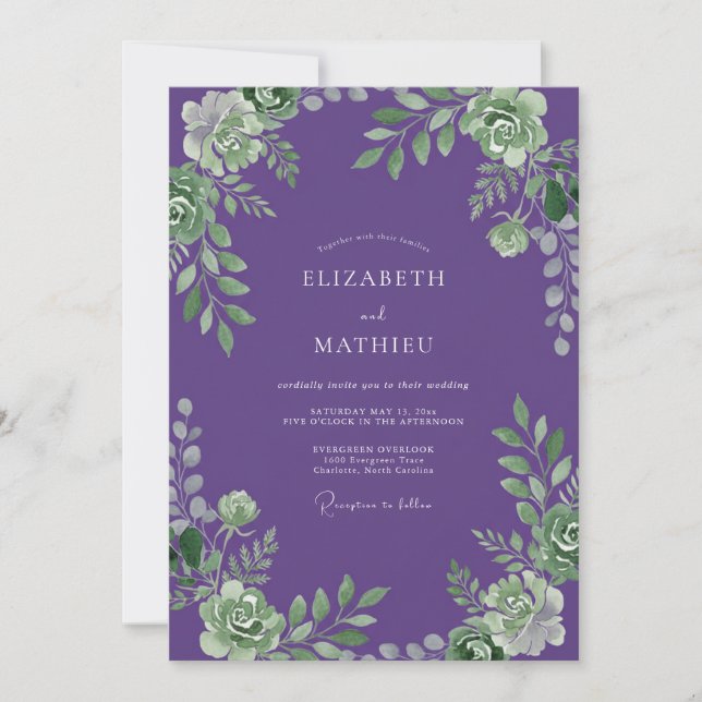 Invitation Mariage de Succulentes Violet Verdoyant (Devant)