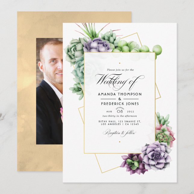 Invitation Mariage de succulents géométriques Photo (Devant / Derrière)