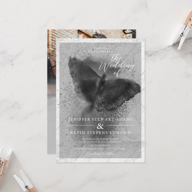 Invitation Mariage de superposition photo de papillon noir et (Devant/Arrière en situation)