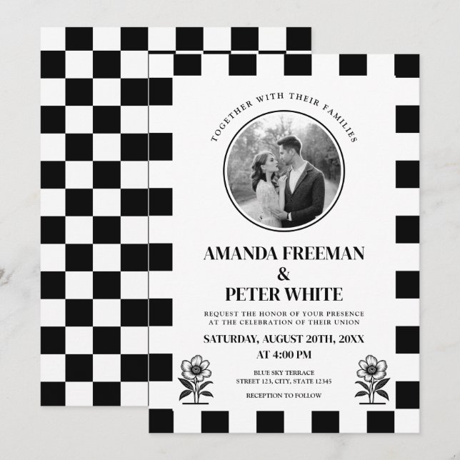 Invitation Mariage de tableau de bord noir et blanc chic (Devant / Derrière)
