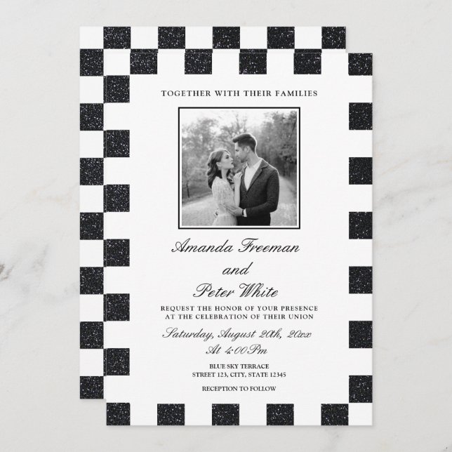 Invitation Mariage de tableau de bord noir et blanc élégant (Devant / Derrière)