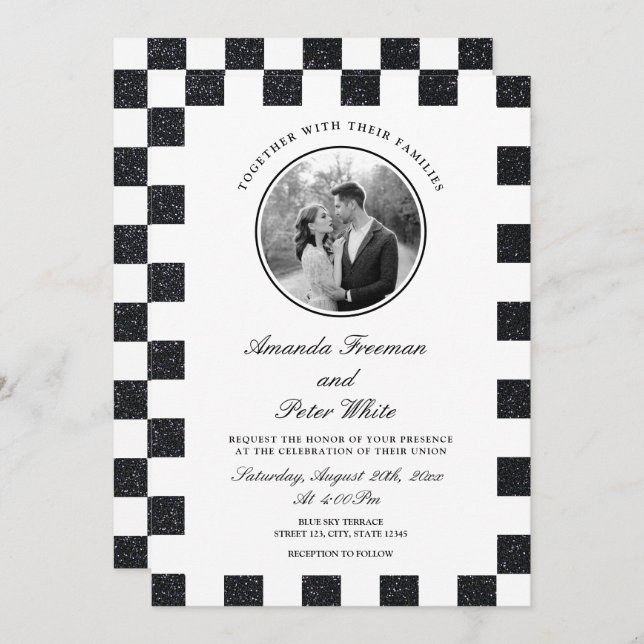 Invitation Mariage de tableau de bord noir et blanc élégant (Devant / Derrière)