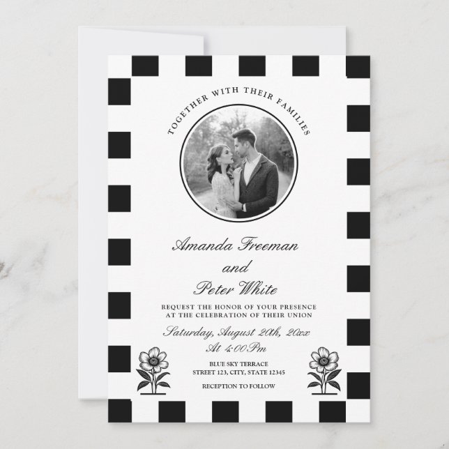 Invitation Mariage de tableau de bord noir et blanc élégant (Devant)