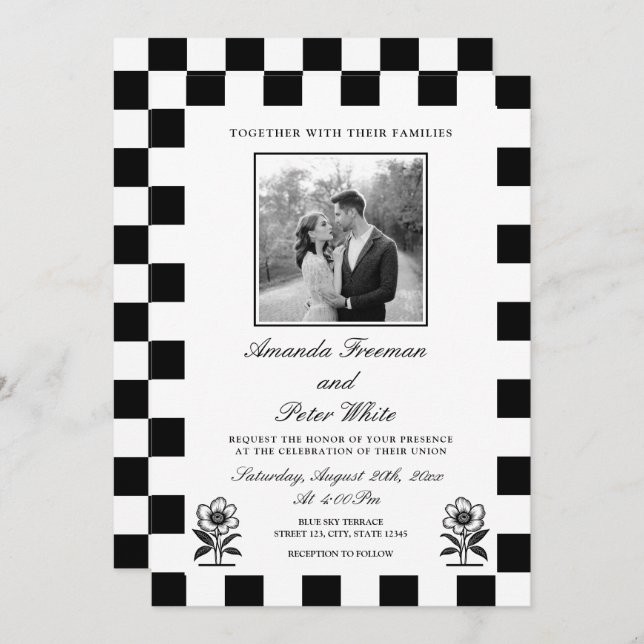 Invitation Mariage de tableau de bord noir et blanc élégant (Devant / Derrière)