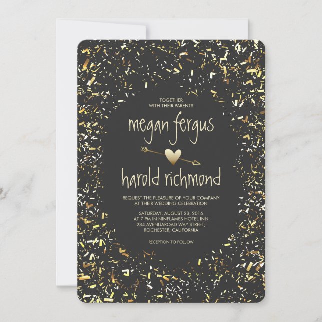 Invitation Mariage de tableau noir de faux confetti d'or (Devant)
