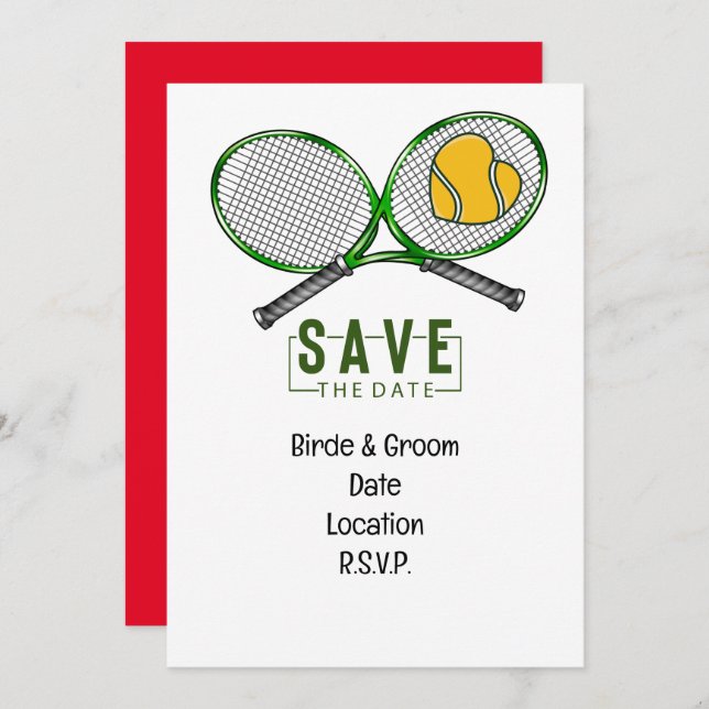 Invitation Mariage de tennis Sauvez la date avec balle et raq (Devant / Derrière)
