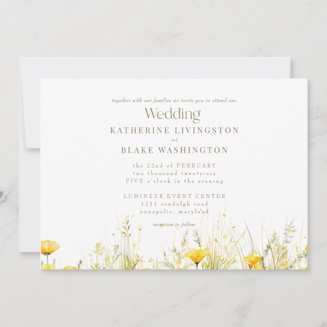 Invitation Mariage de texte couleur or jaune Fleur sauvage (Devant)