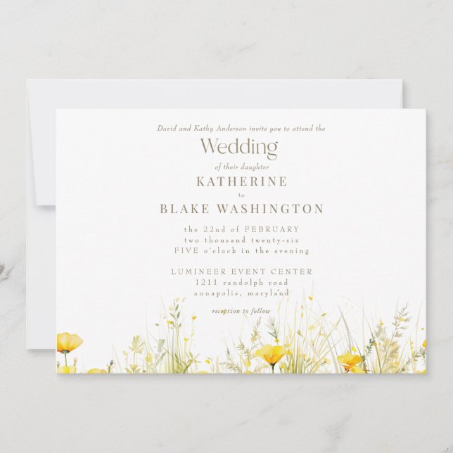 Invitation Mariage de texte couleur or jaune Fleur sauvage II (Devant)
