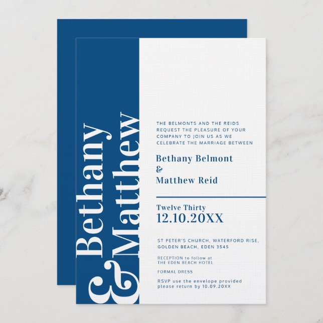 Invitation Mariage de texte minimaliste en bleu foncé (Devant / Derrière)