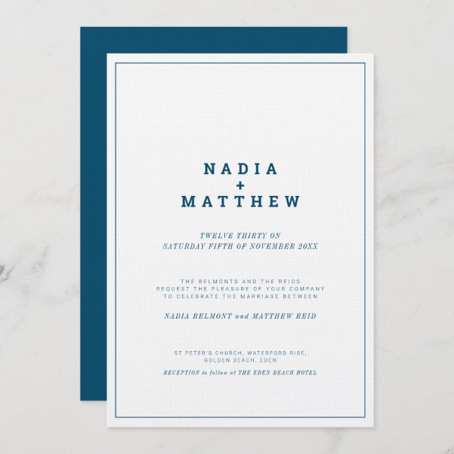 Invitation Mariage de texte vertical blanc marine minimal (Devant / Derrière)
