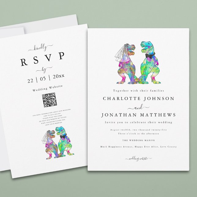 Invitation Mariage de thème minimaliste Dinosaur (Simple dinosaur theme wedding invitation with colorful watercolor T-Rex bride and groom)