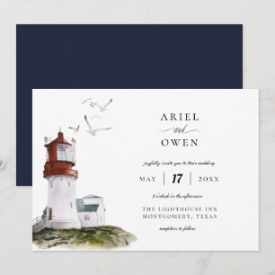 Invitation Mariage de thème nautique du phare d'aquarelle
