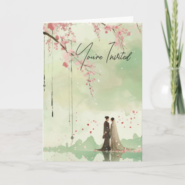 Invitation Mariage de thème vert mariée et chambre (Devant)