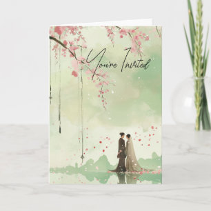 Invitation Mariage de thème vert mariée et chambre