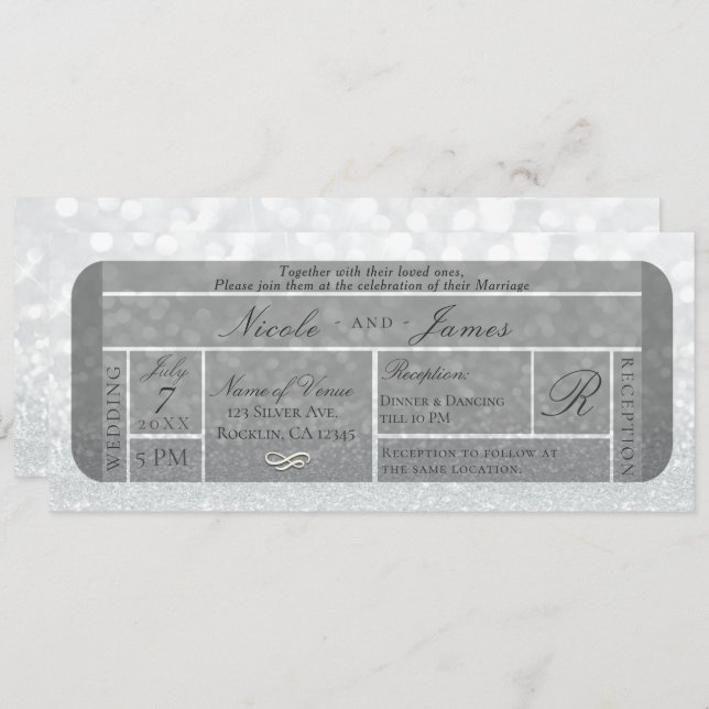 Invitation Mariage de ticket VIP Parties scintillant argent b (Devant / Derrière)