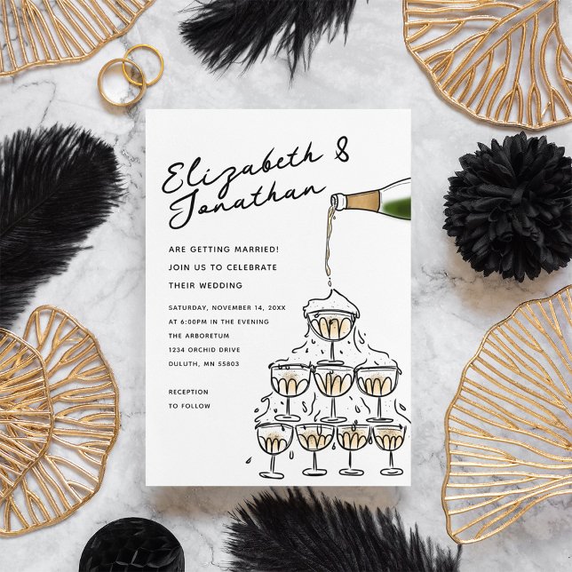 Invitation Mariage de tour Champagne tiré à la main (Whimsical Hand Drawn Champagne Tower Wedding Invitation)