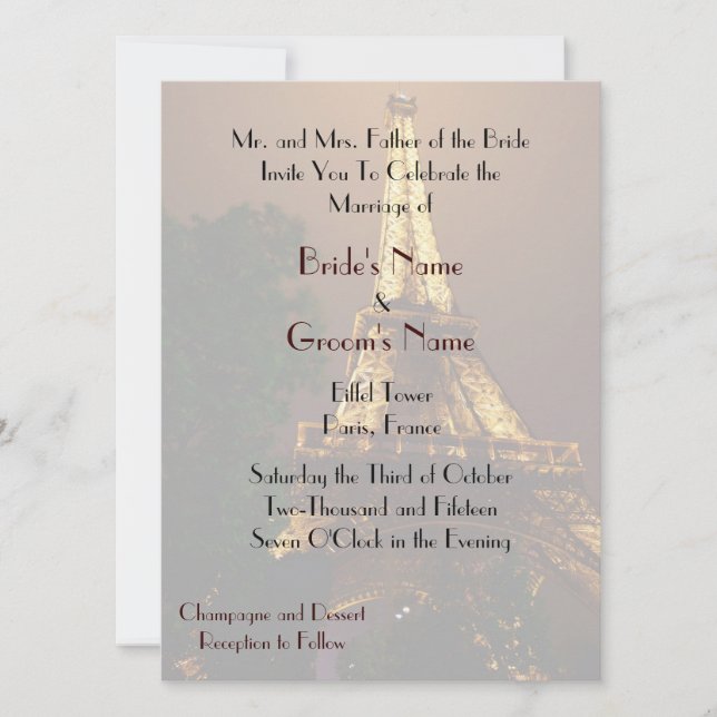 Invitation Mariage de Tour Eiffel de vue de nuit (Devant)