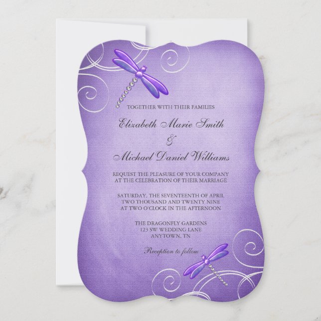 Invitation Mariage de tourbillons de libellules violets (Devant)