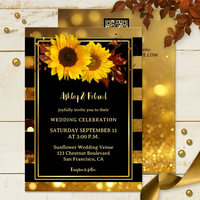 Invitation Mariage de tournesol à rayures noires d'or (Wedding invitation featuring sunflowers and autumn leaves on black and sparkling gold stripes)