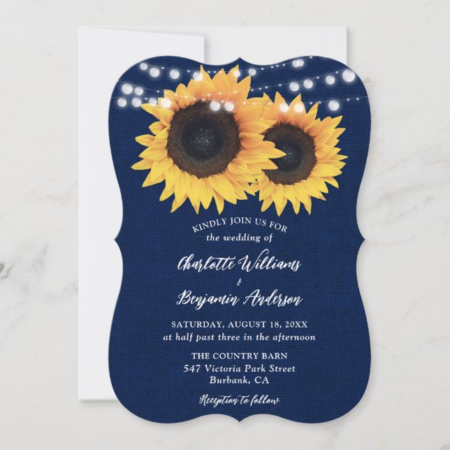 Invitation Mariage de tournesol bleu marine Burlap (Devant)