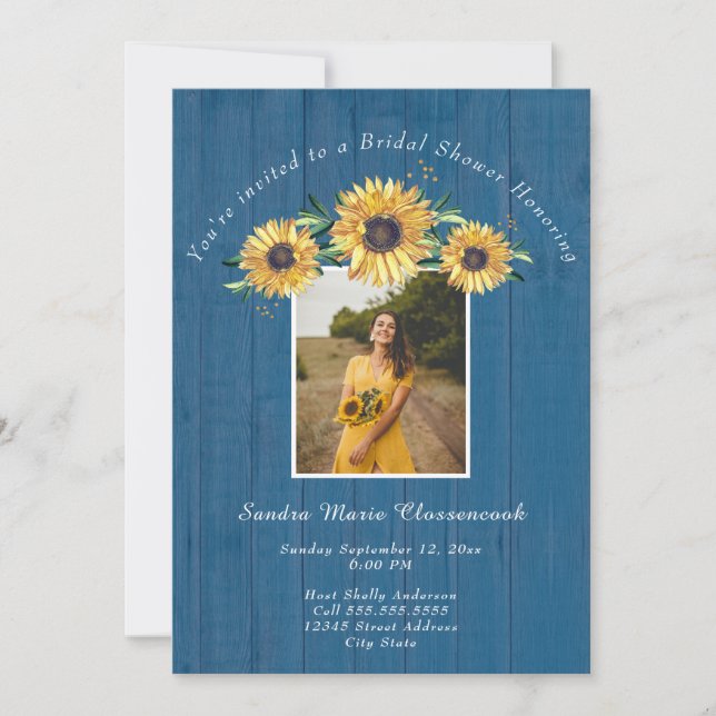 Invitation Mariage de tournesol bleu rustique I Fête des mari (Devant)