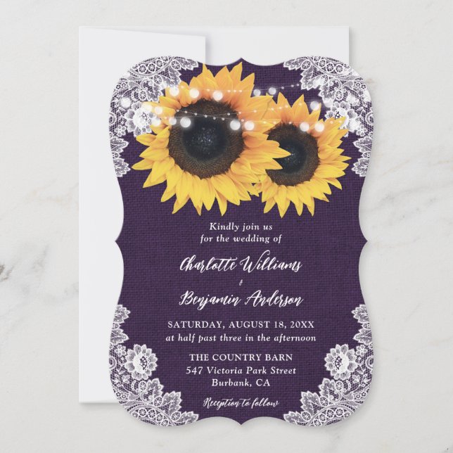 Invitation Mariage de tournesol de dentelle de couleur violet (Devant)
