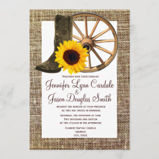 Invitation Mariage de tournesol de roues de bottes de cowboy