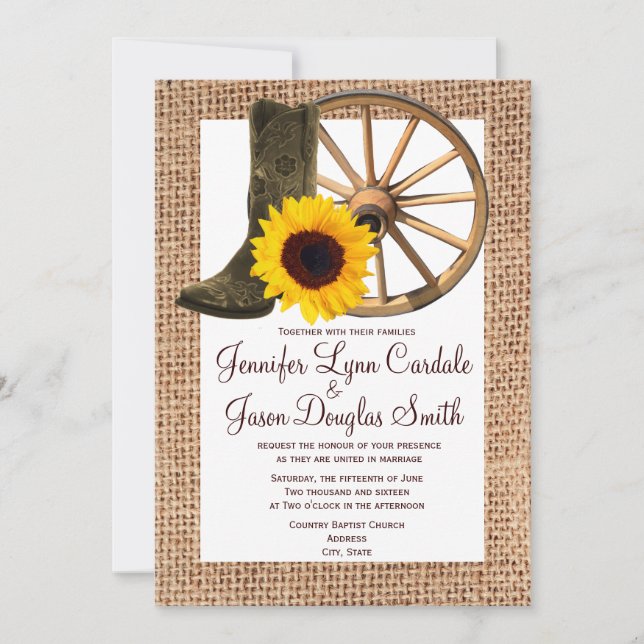 Invitation Mariage de tournesol de roues de bottes de cowboy (Devant)