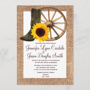 Invitation Mariage de tournesol de roues de bottes de cowboy