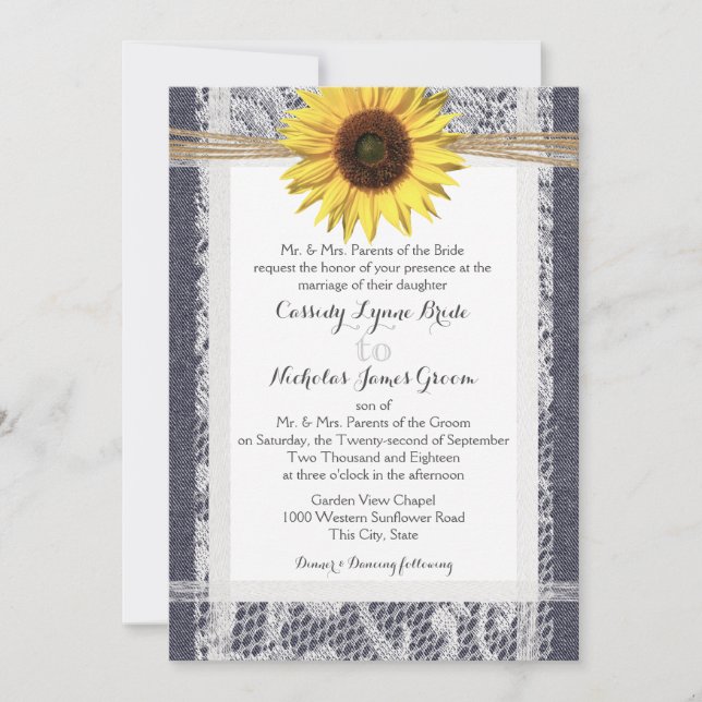 Invitation Mariage de tournesol Denim et Lace (Devant)