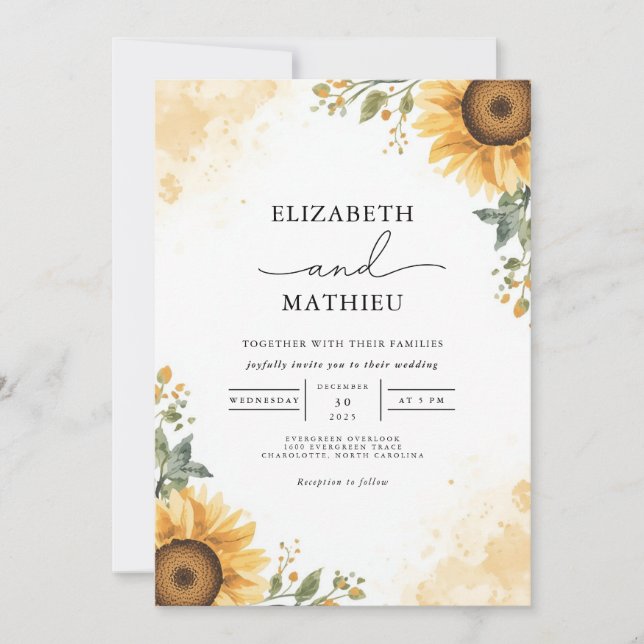 Invitation Mariage de tournesol doré (Devant)
