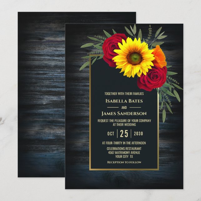 Invitation Mariage de tournesol en bois de Barnwood (Devant / Derrière)
