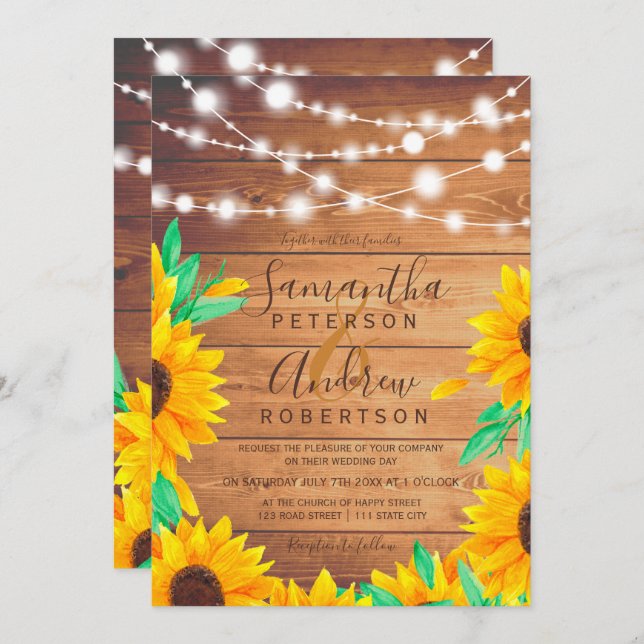 Invitation mariage de tournesol en bois d'orange rustique (Devant / Derrière)