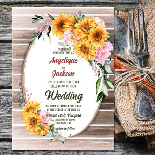 Invitation Mariage de tournesol en bois ovale rustique