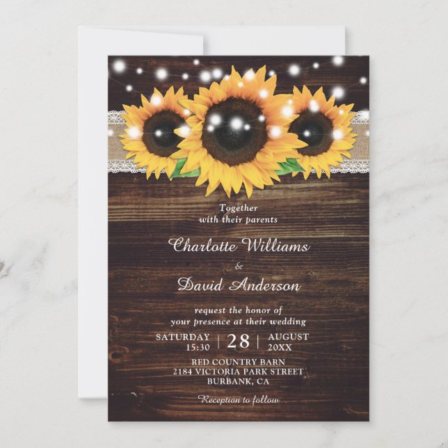 Invitation Mariage de tournesol en bois rustique (Devant)